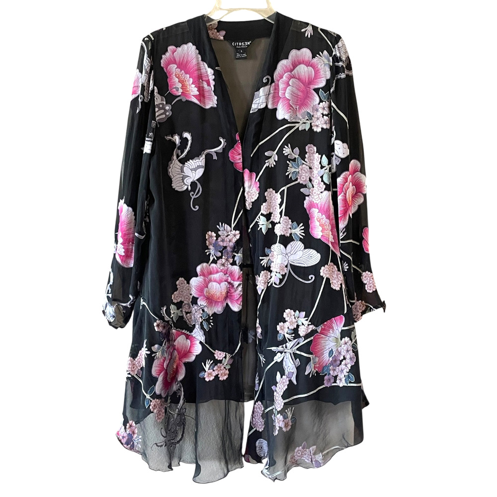 CITRON SANTA MONICA Size Large Black Pink Sheer Silk Blend Kimono Cardigan